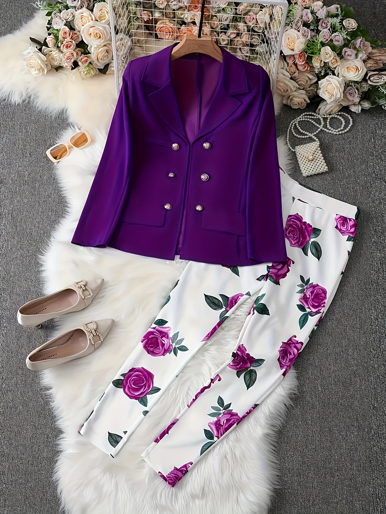 Two-Piece Set - Lapel Collar, Button-Front, Mid-Elasticity Polyester Blazer and Floral Print Slim Pants Outfit for Spring/Fall - Fabric, Random Printing, No Sheer, Casual Style Womens Clothing