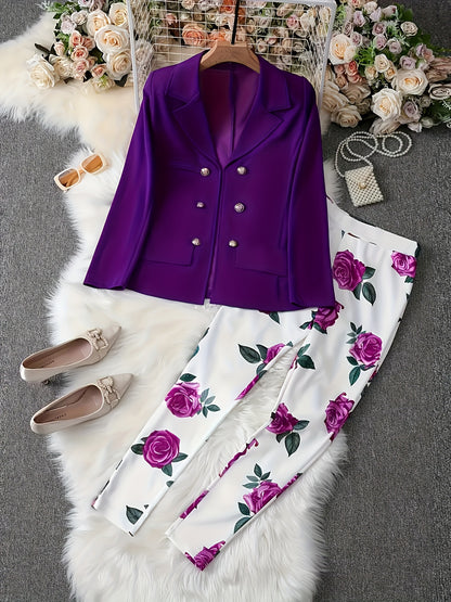 Two-Piece Set - Lapel Collar, Button-Front, Mid-Elasticity Polyester Blazer and Floral Print Slim Pants Outfit for Spring/Fall - Fabric, Random Printing, No Sheer, Casual Style Womens Clothing