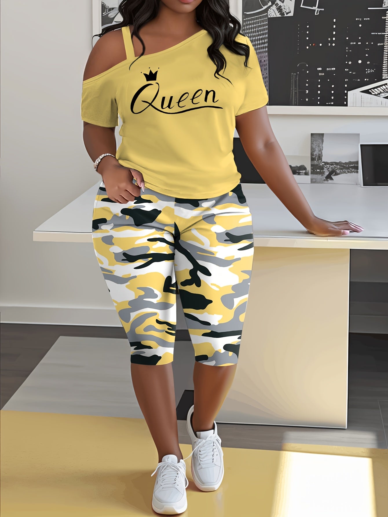 Plus Size - Ladies Plus Size Daily Casual One-Shoulder Short Sleeve Two-Piece Outfit, Diagonal Shoulder Design, Slim Fit Camouflage Pants Suit With Letter Print.