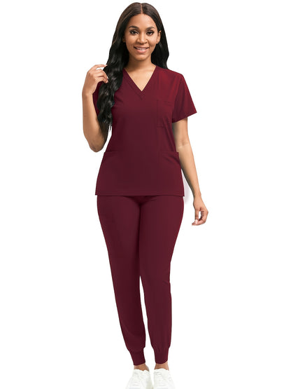 [Scrub Suit Set] Scrub Suit Set For Women Modern V-Neck Top T-Shirt & Tapered Leg Jogger Pants With Drawstring 2pcs Set Nursing Uniforms Set Suitable For Pet Hospitals, Dental Clinics, Nursing Work, Etc