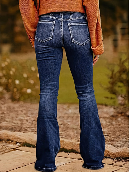 Women'S Slim-Fit Stretch Denim Flare Jeans - Vintage Style Bell Bottoms with Button Closure, Comfortable Mid-Rise Design, Classic Blue Washed Look, Casual & Fashionable for Casual Attire