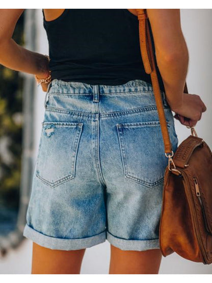 Women's Distressed Denim Shorts - Straight Leg, Light Wash with Rolled Hem & Cuffed Slash Pockets, Trendy Summer Streetwear, Casual & Versatile Fashion Essential, Jean Shorts
