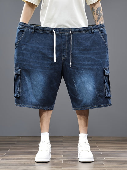 Mens Plus Size Denim Cargo Shorts, Big And Tall Elastic Waist Drawstring Jean Shorts For Men, Loose Fit Blue