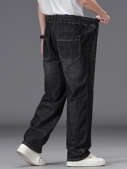 Large Size Jeans Men's Straight Leg Loose Fit Elastic Pants with Added And Extra Pants Elastic Waist Men's Simple And Versatile Denim Pants Men's Jeans Four Season Style, PLUS SIZE