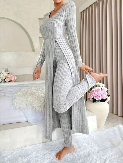 Women'S Heavyweight Fleece Two-Piece Set - Oversized Long Sleeve Lounge Outfit with Wide-Leg Pants, Cozy Winter Warmth, Soft Ribbed Texture & Minimalist Design for Home, Office, Casual Outings - Fall Winter Clothing (No Transparency