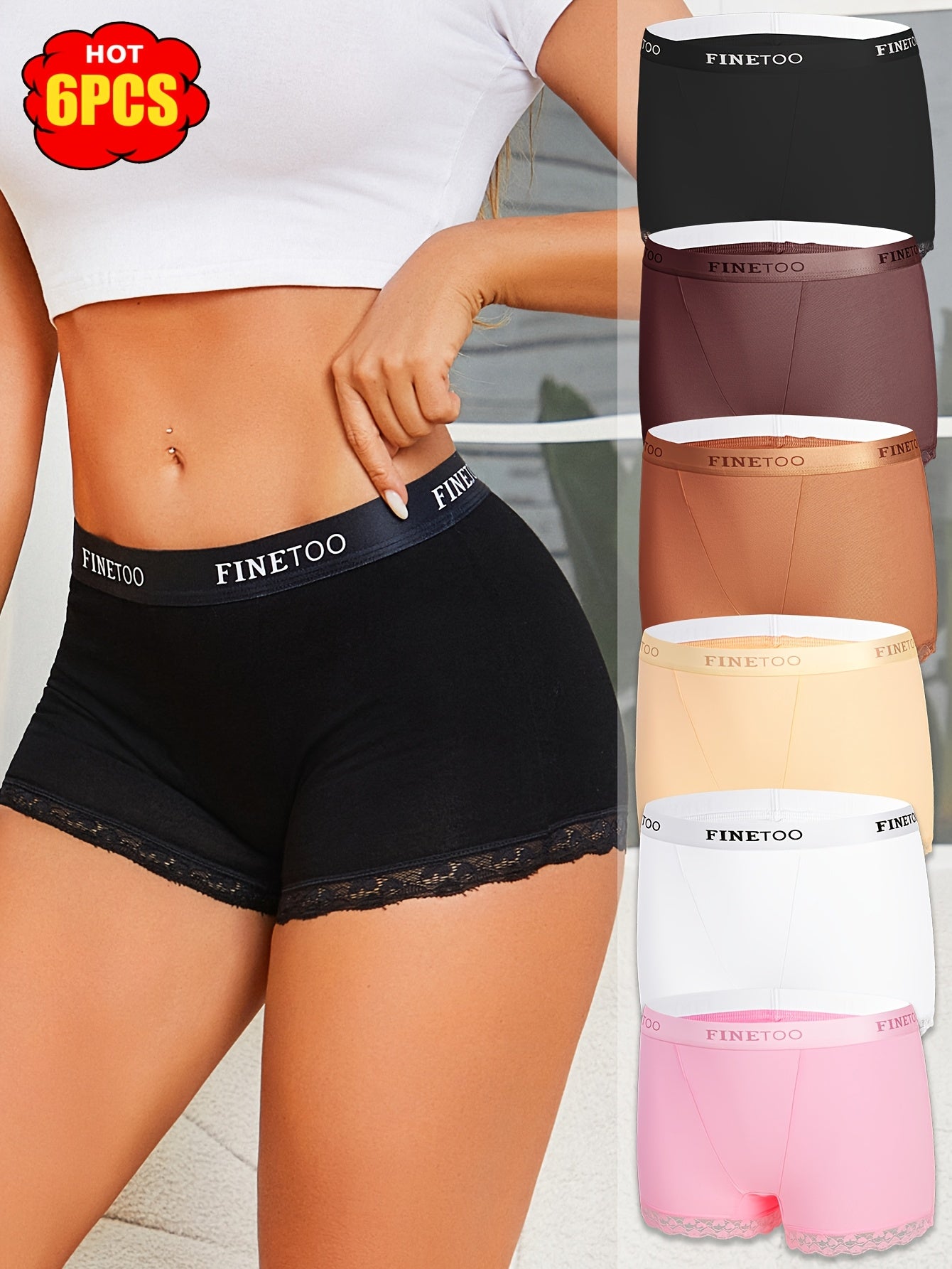 6pcs Set of Letter Waistband Lace Lace Four Corner Pants, Fashionable, Elegant, Breathable And Elastic Underwear, Suitable for Daily Commuting, Women'S Underwear And Underwear