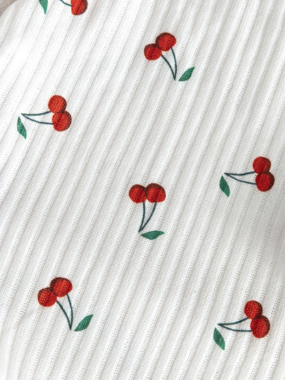 6pcs Set Of Girls' Summer New Cherry Fruit Pattern Short-sleeve And Shorts Comfortable Outfit, Perfect for Outdoor