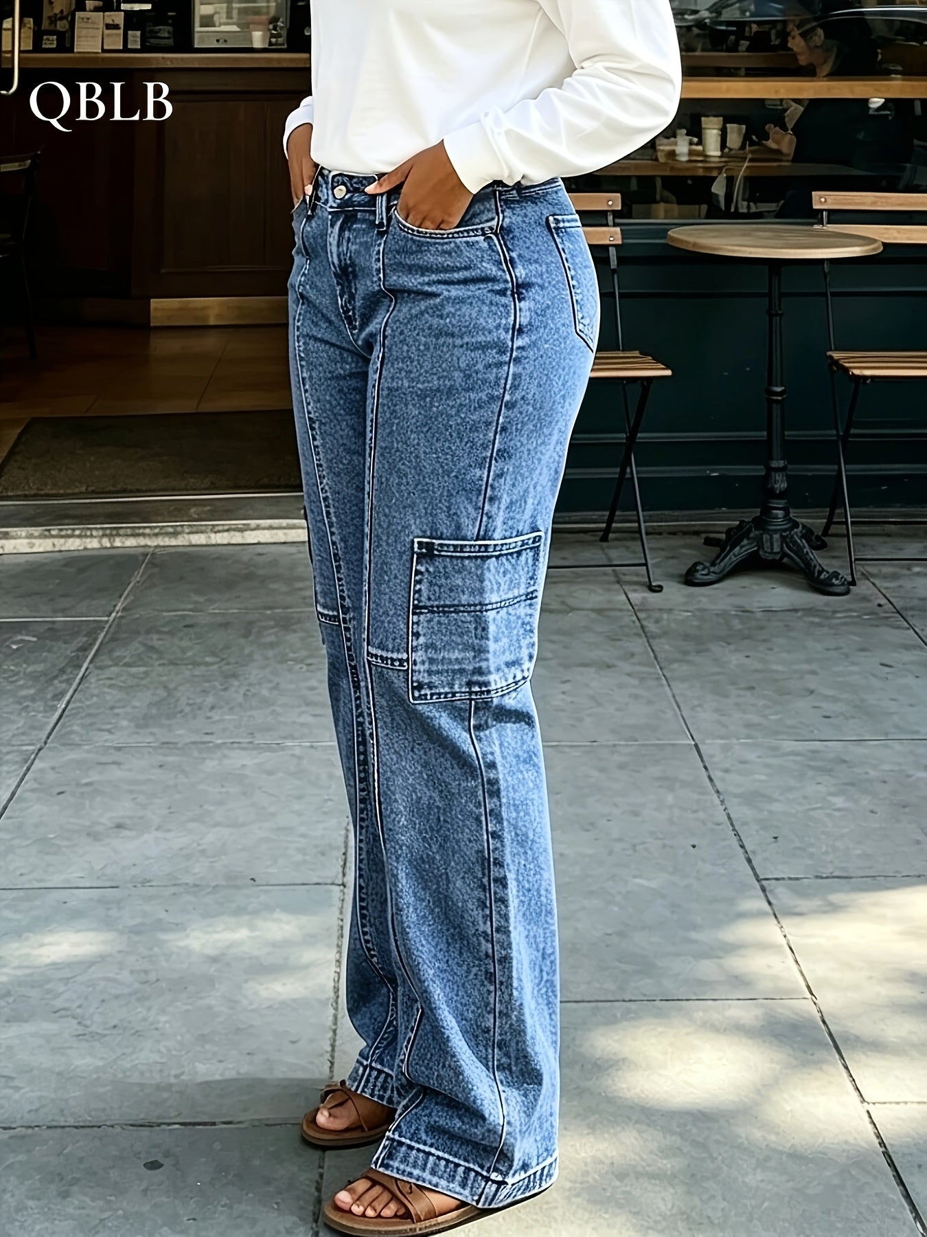 Women'S Mid to High Waist Multi-Pocket Line Splicing Cuffed Edge Jeans