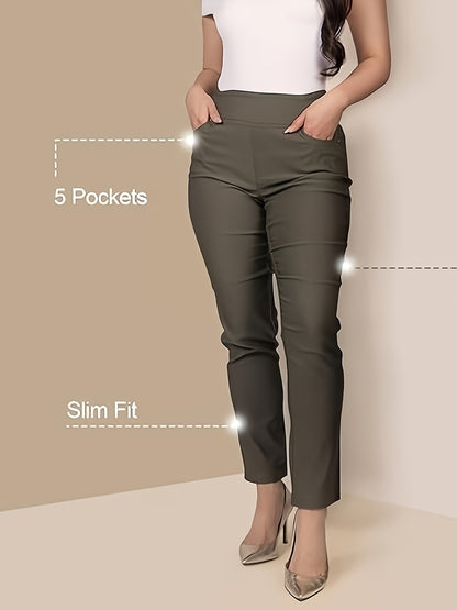 Slim Fit High-Waisted Pants for Women Featuring Five Pockets, Designed for Easy Pull-On Wear, Suitable for Work Or Casual Office Settings