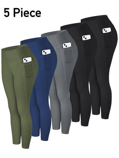 5pcs Women' High Waisted Cropped Leggings with Pockets - Full-Length Suitable for & Casual Attire, Non-Sheer Tummy Pants, Machine Washable Stretchy Base Layer for,, Layering (Year-Round)