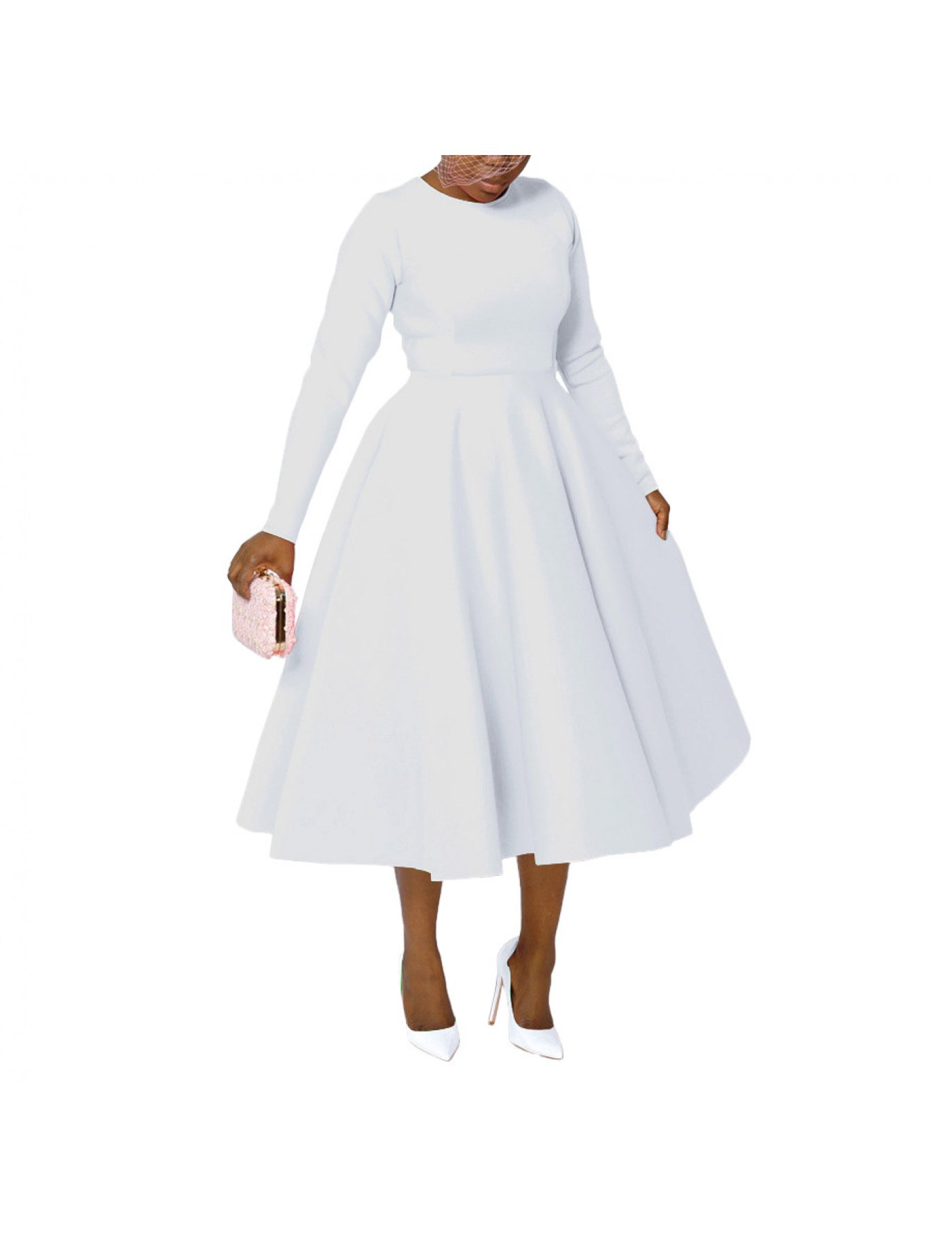 Plus Size - Plus Size Women'S Solid Color Round Neck Long Sleeve Back Pleated Flared Dress Autumn And Winter Elegant Long Dress