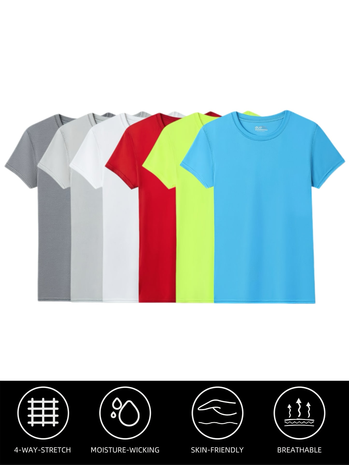 6pcs Women'S Quick Dry Crew Neck Short Sleeve T-Shirt, Moisture Wicking, 50+, White, Iron Gray, Silver Gray, Red, Fluorescent Green, Lake Blue Size S-2XL