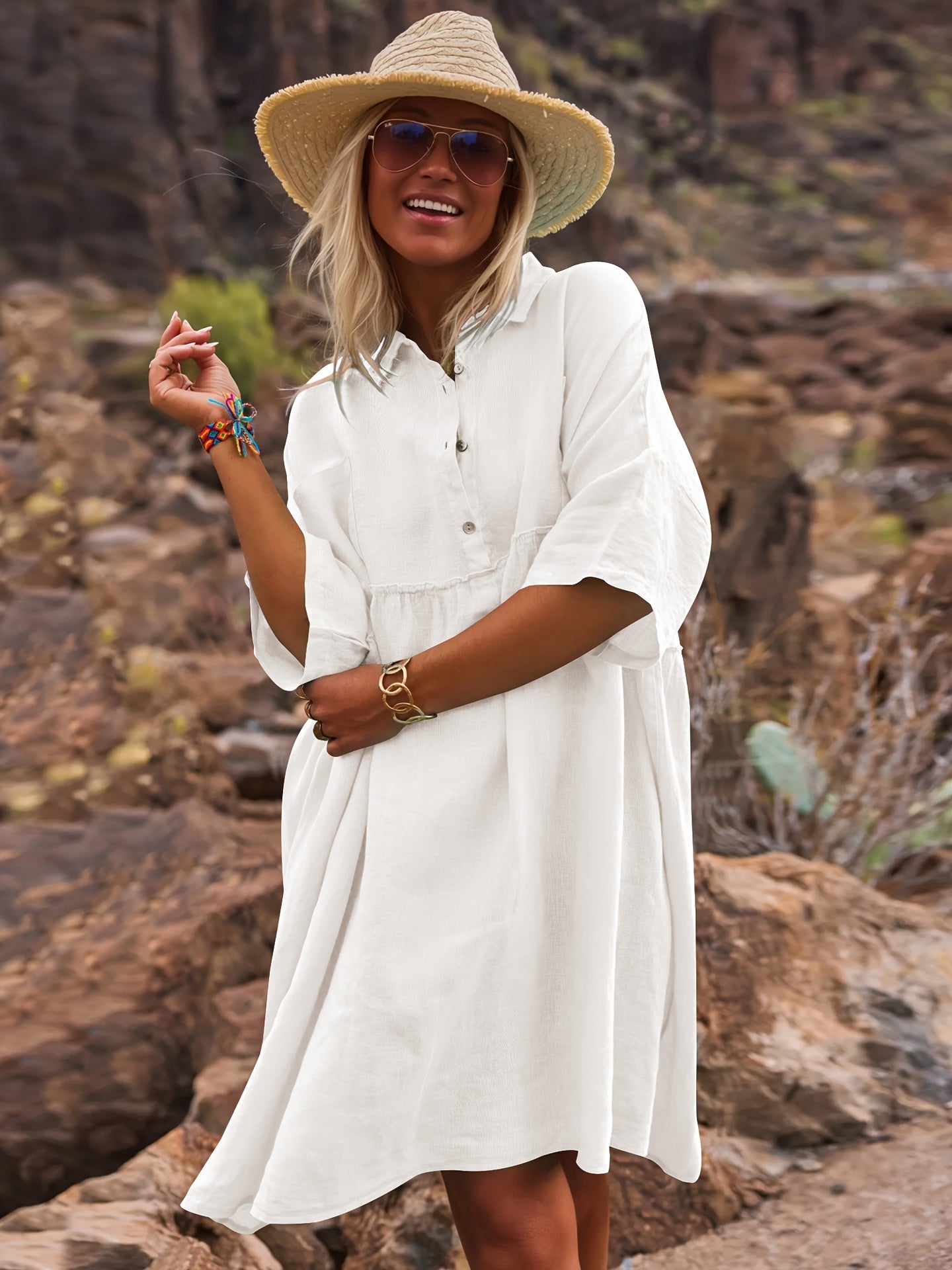 New Women's Loose Solid Color Collar Vacation Casual Button Art Style Fashionable Dress for Women