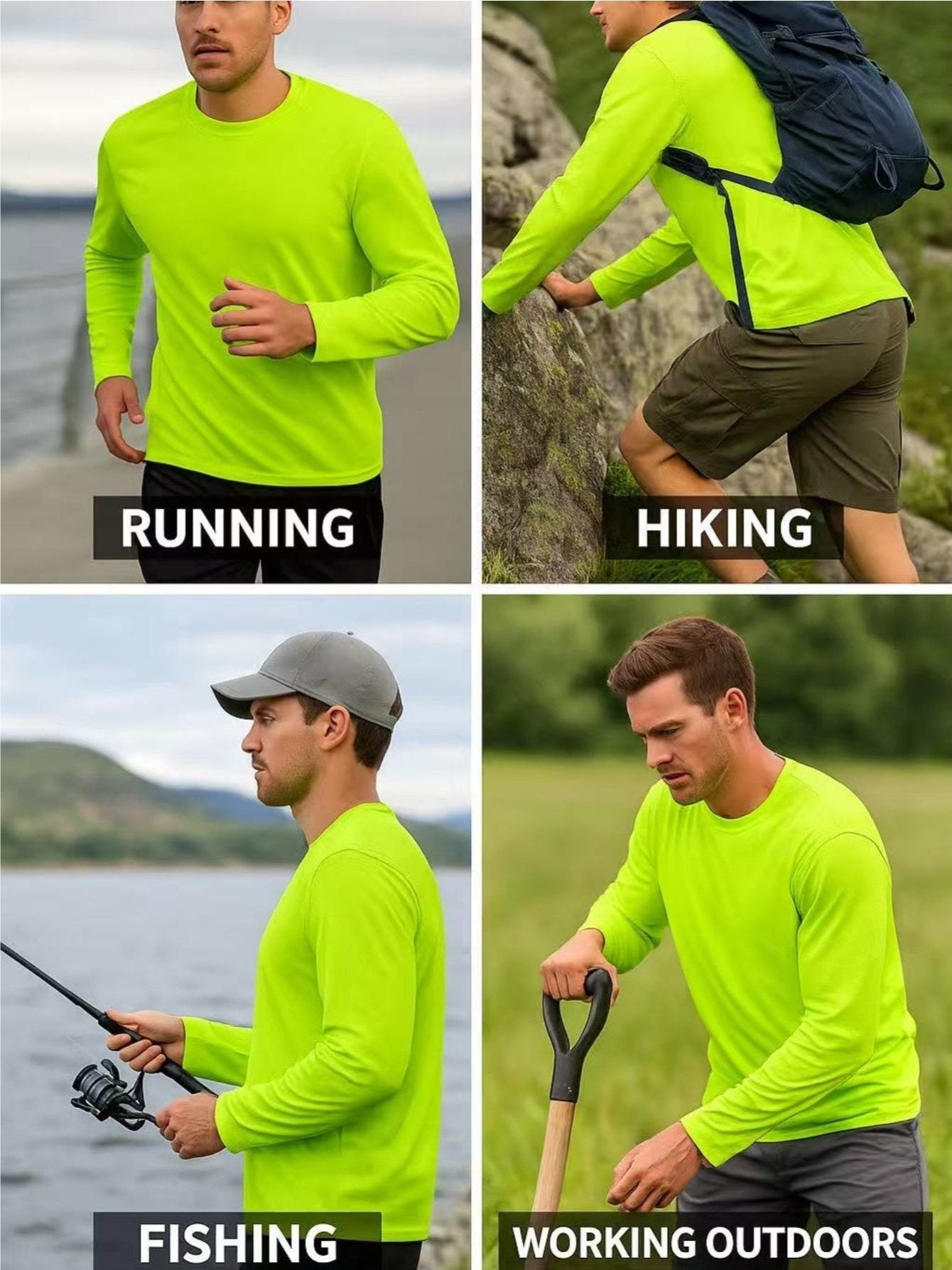 4 Pack Men's Hi Vis Performance Hooded Shirts, Long Sleeve Quick Dry Moisture Wicking UPF 50+ Lightweight Work Shirts with BONUS Performance Neck Gaiter