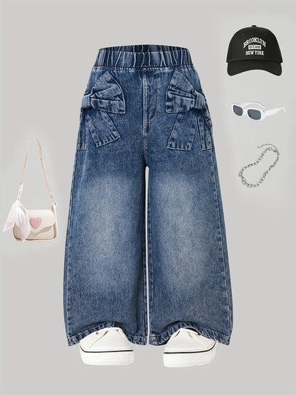 Girls' Fashion Washed Denim Pants for The Autumn 2025 Collection - Loose Fit Wide-leg Jeans, Casual Children's Playwear, Playful Children's Clothing, Classic Wide-leg Jeans, Non-stretch Fabric
