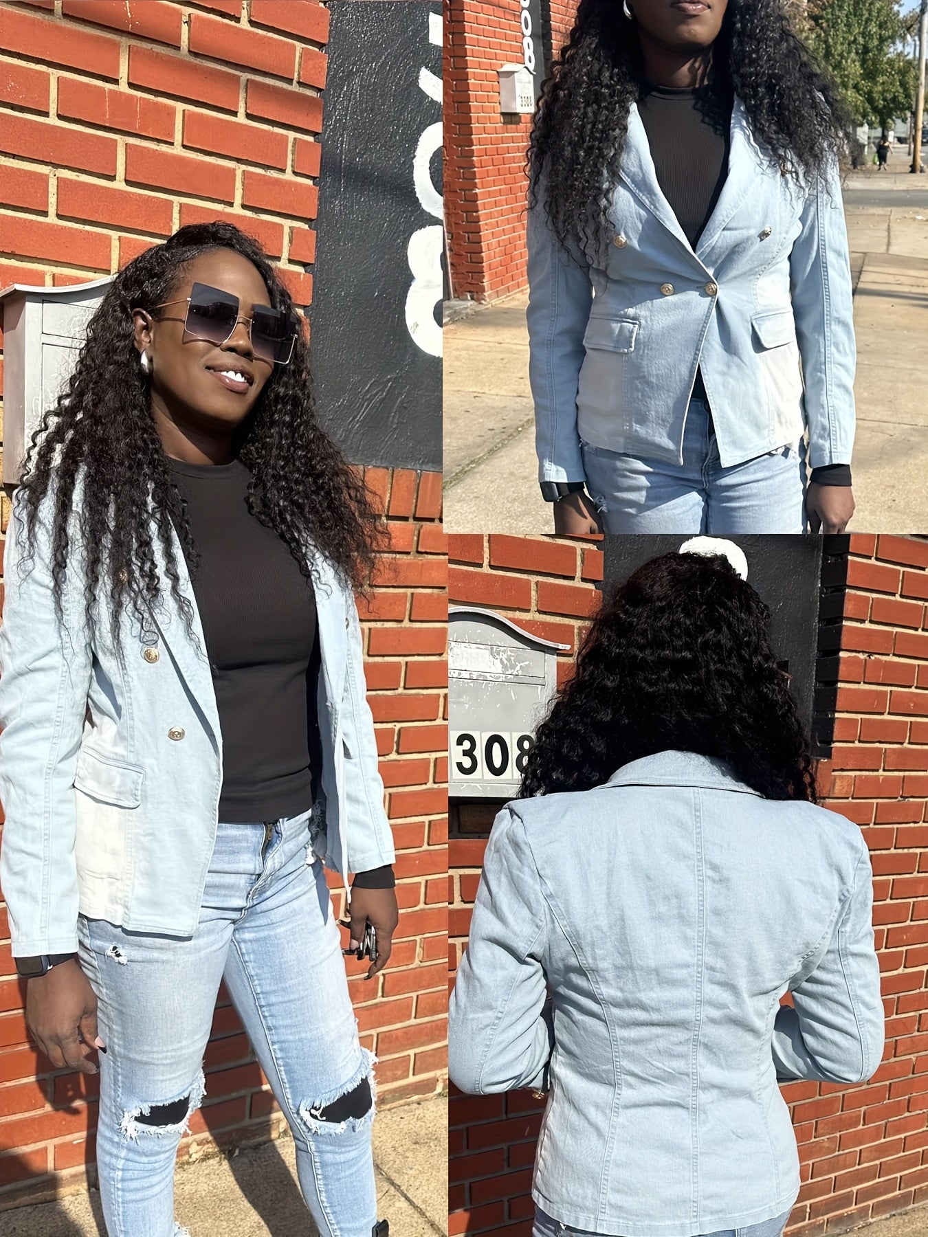 [Business Casual Blazer] Blazers for Women Business Casual Denim Long Sleeves Lapel Double Breasted Jacket