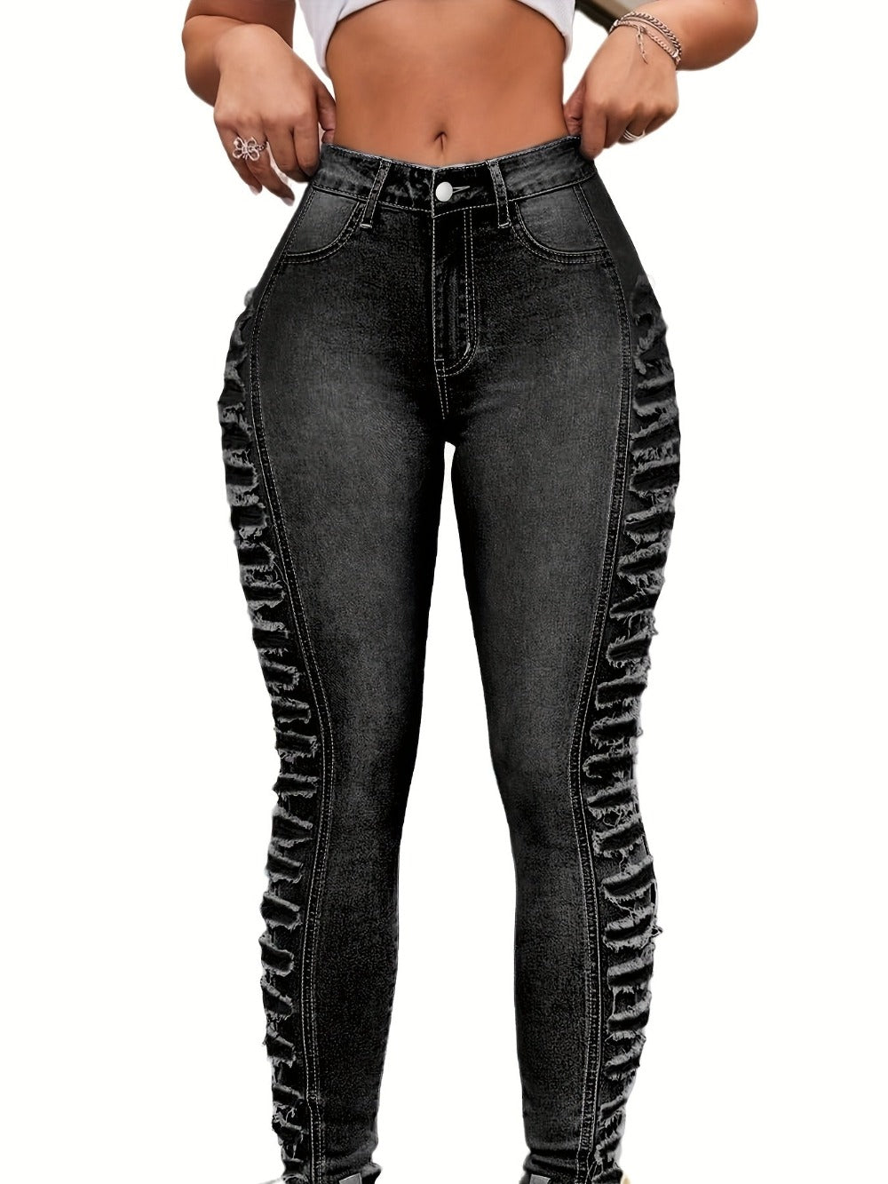 Women's High-Waist Jeans - Bright Steel Blue Distressed Stretch Streetwear