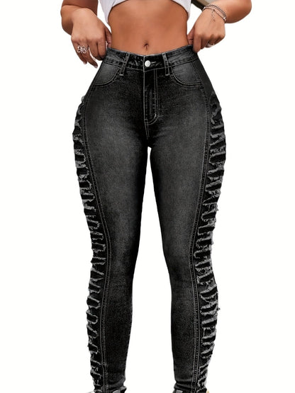 Women's High-Waist Jeans - Bright Steel Blue Distressed Stretch Streetwear