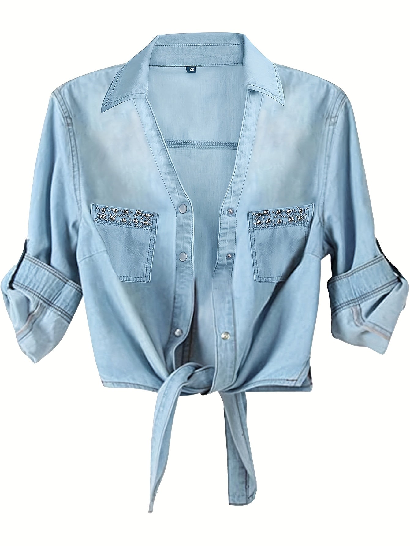 [Denim Crop Top] Chambray Denim Women's Crop Top | Roll Up 3/4 Sleeve Tie Front Knot Shirt