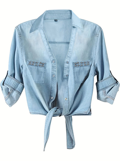 [Denim Crop Top] Chambray Denim Women's Crop Top | Roll Up 3/4 Sleeve Tie Front Knot Shirt