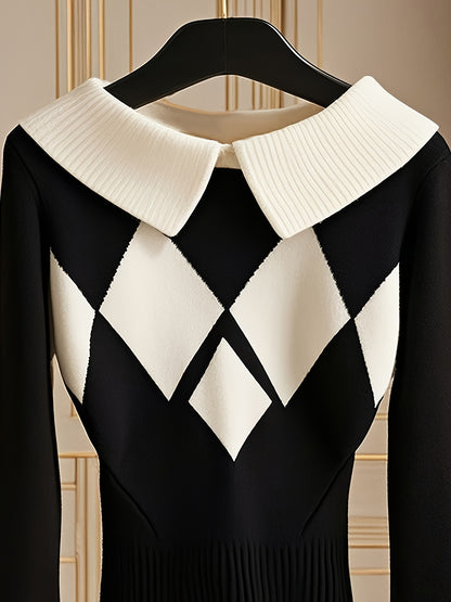 Women'S Elegant Sweater Lapel Diamond Plaid Knitwear Black And White Color Collision Long Sleeve Pullover Fashion Chic Lazy Wind Tops For Office, Party, Daily Wear - Fall And Winter Women'S Trend Tops