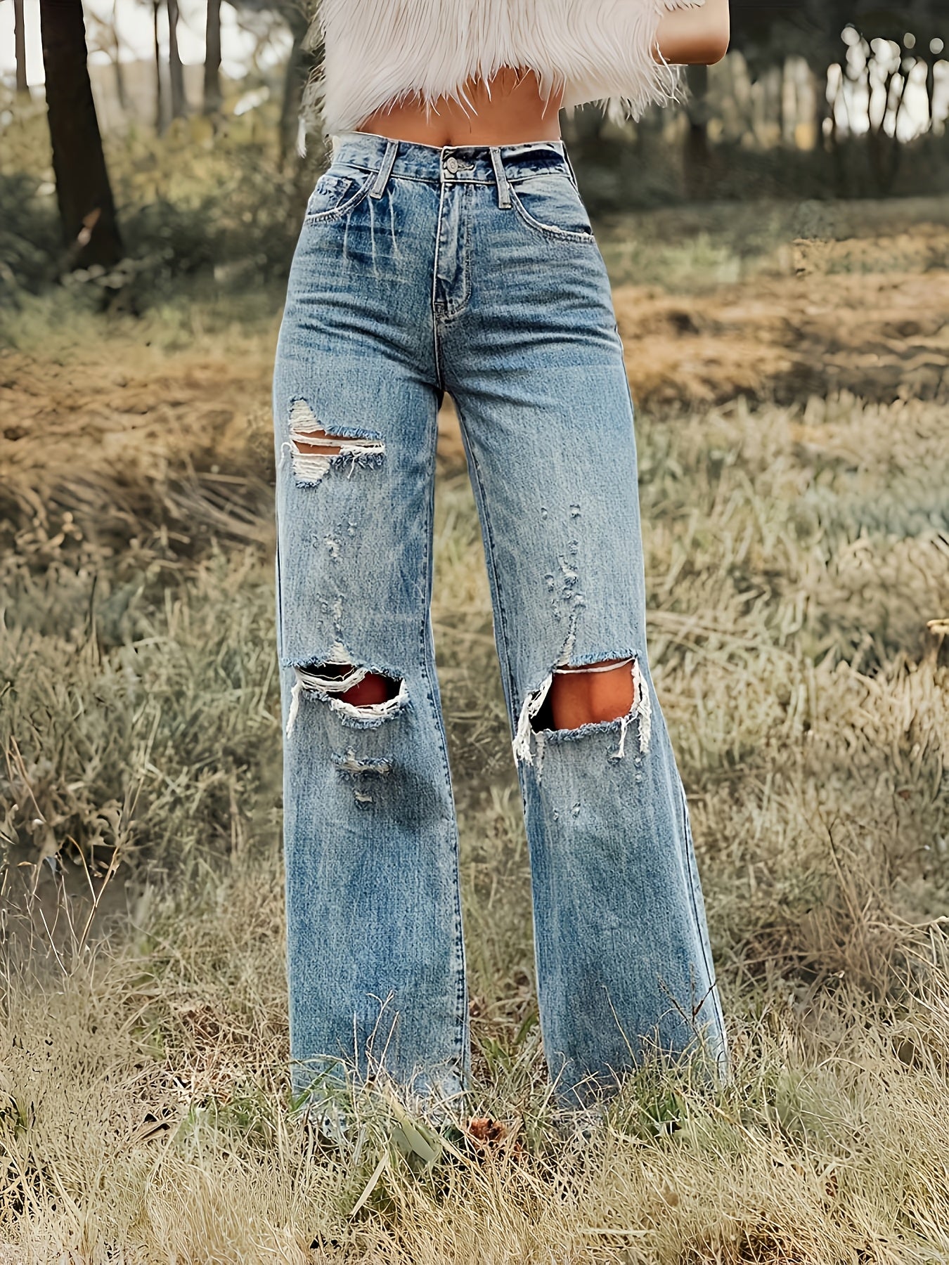 Women's Cool Ripped High-Waisted Straight-Leg Jeans New Streetwear Casual Pants Stretch Washable Fabric Comfortable And Versatile with Pockets Perfect for Outings Comfortable Year-Round Fit