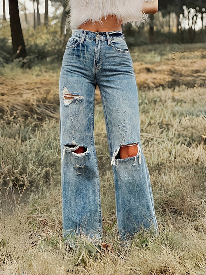 Women's Cool Ripped High-Waisted Straight-Leg Jeans New Streetwear Casual Pants Stretch Washable Fabric Comfortable And Versatile with Pockets Perfect for Outings Comfortable Year-Round Fit