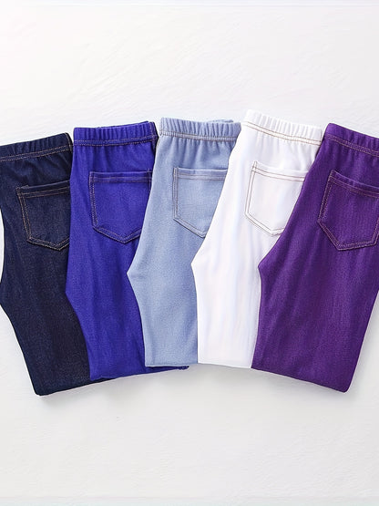 Stylish Girls' And Boys' Imitation Denim Leggings - Soft, Stretchy Cropped Pants with Pockets, Comfortable Casual Attire for Spring/Summer/Fall, Perfect Gift Idea, Perfect for Outdoor
