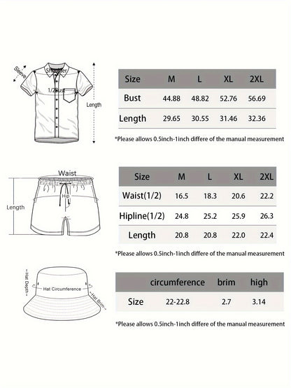 Men'S 3pcs Retro Outfit Beach Set, Tiger in Jungle Sportswear, Hawaiian Sportswear Set, Shirt Beach Shorts And Fisherman Hat Bucket Hat