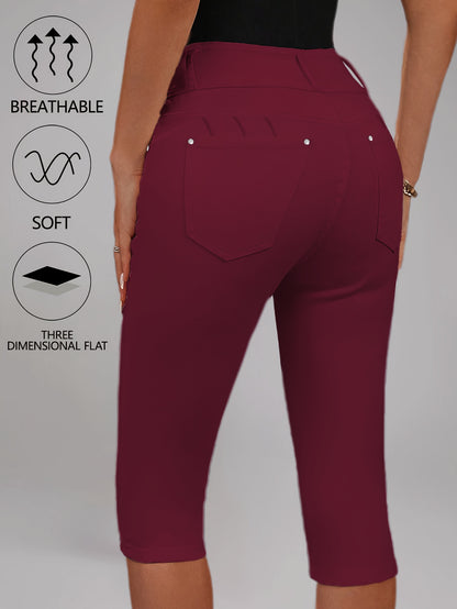 [High-Waisted Stretch Capri] Women's Deep Red High-Waisted Stretch Capri Pants Triple Row Button Fly with Metal Rivet Accents Booty Lifting Design 7/8 Length Cropped Jeans High Elasticity Soft Comfortable Machine Washable Versatile Wardrobe Essential for