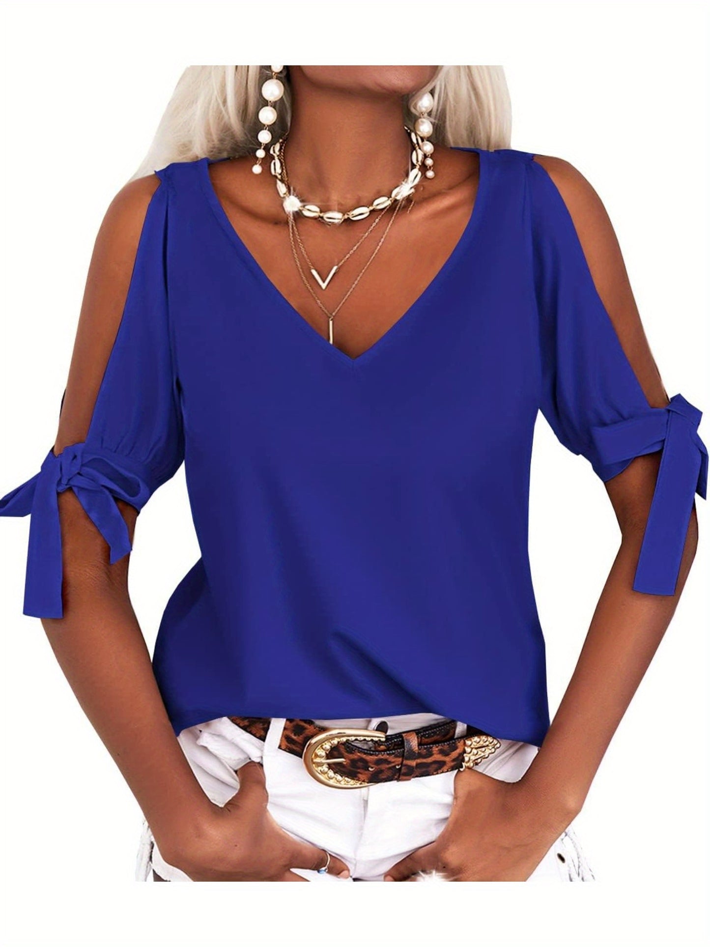 Women's Cold Shoulder Tops Short Sleeve V-Neck Casual Loose Cutout Summer Fashion Tshirts Blouse Shirts