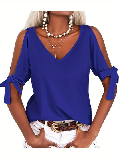 Women's Cold Shoulder Tops Short Sleeve V-Neck Casual Loose Cutout Summer Fashion Tshirts Blouse Shirts