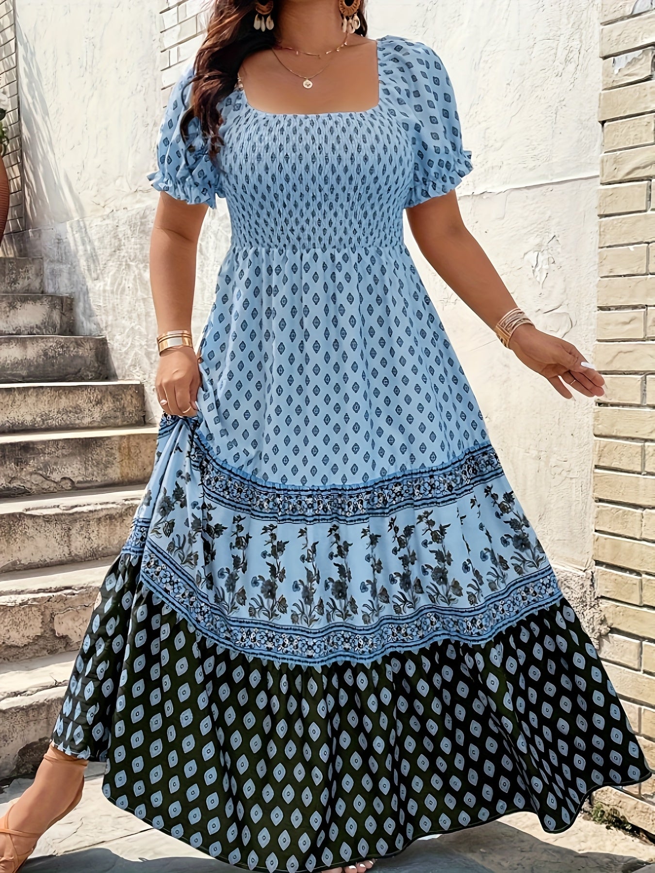 Plus Size - 1pc Spring Summer Mother'S Day Plus Size Women Elegant Bohemian Maxi Dress - Square Neck Puff Sleeve Smocked Bodice Floral Geometric Print Tiered Long Skirt Sophisticated Graceful Style For Vacation Beach Party Wear