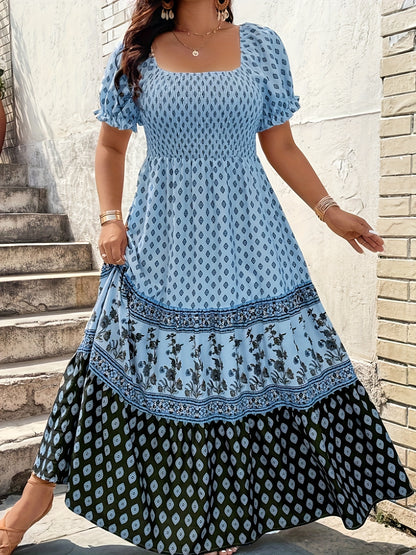 Plus Size - 1pc Spring Summer Mother'S Day Plus Size Women Elegant Bohemian Maxi Dress - Square Neck Puff Sleeve Smocked Bodice Floral Geometric Print Tiered Long Skirt Sophisticated Graceful Style For Vacation Beach Party Wear