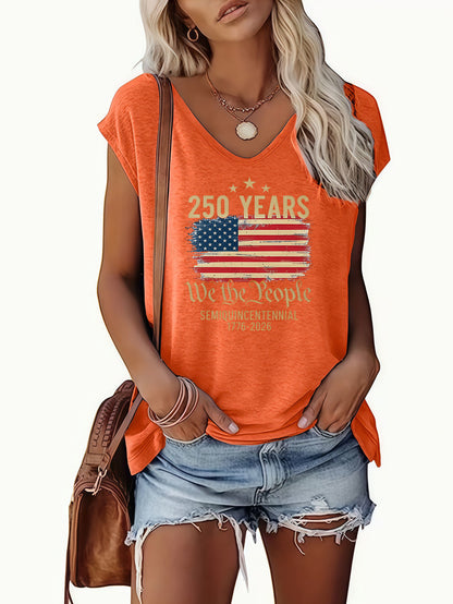 Casual American Flag Print VNeck Sleeveless Top, Soft Drape Loose Breathable Fabric Comfortable, Simple Chic Versatile Daily, Home Commute Outing Can Wear, Elegant Lazy Temperament