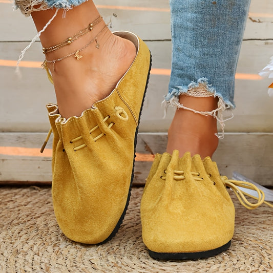 2026 New Arrival Yellow Mules Slip On Shoes - Soft Ruched Upper with Adjustable Drawstring Tie Comfortable Slip-On All Day Comfort Wear Perfect Everyday Casual Summer Vacation - Fast Local Warehouse Shipping, Women Shoes