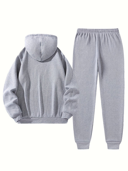 Independence Day Celebration Men's Sportswear 2pcs Hoodie with Pants, Grey with Black Logo, Non-elastic Fabric, Regular Fit, with Pockets, Suitable for Autumn And Winter, Hoodie | Pocket Pants, Sweater Hoodie, Street Style, Party Style