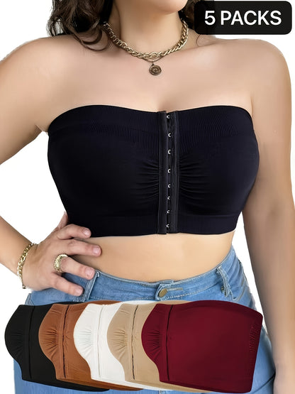 5pcs Plus Size Women's Front Closure Bras - Wireless Strapless Bandeau Push Up Bras, Non-Padded, Medium Thickness Nylon Fabric, Ideal for Weddings, Parties And Daily Wear - Solid Color (No Bulkiness), Lifting Effect (1XL-5XL)