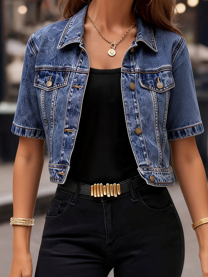 Women's Denim Jacket, New 2026 Vintage Washed Lightweight Short Cropped, Dark Blue, Regular-Shoulder Turn-Collar
