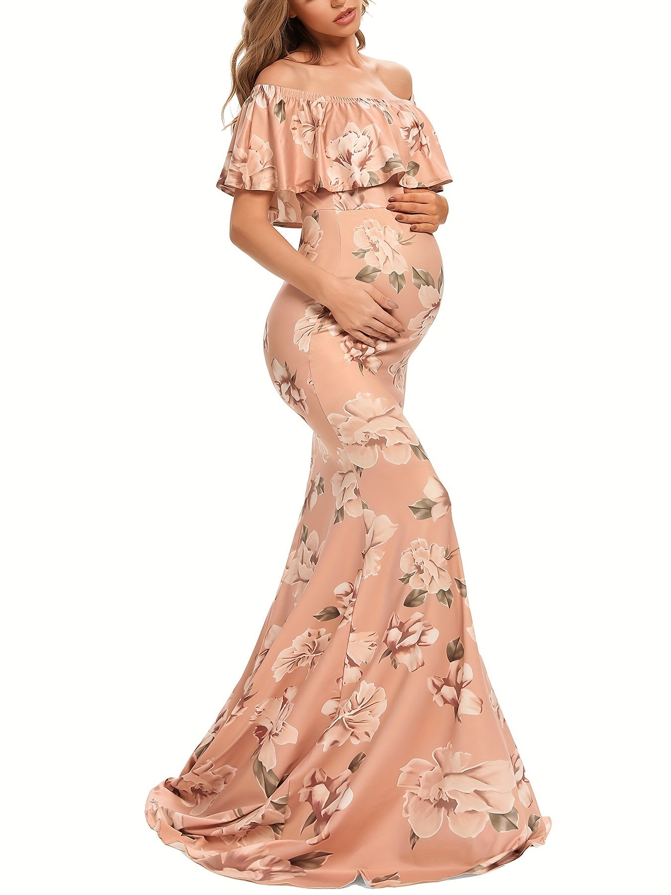 Womens Off Shoulder Maternity Dress Ruffles Elegant Slim Gowns Fit Maxi Photography Dress