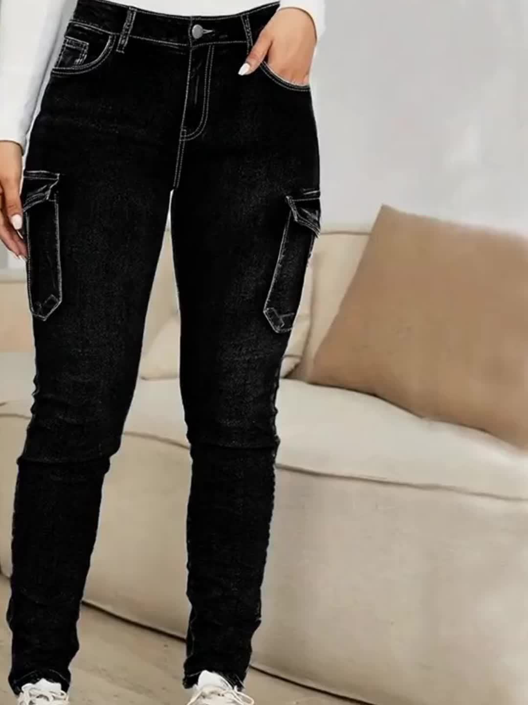 Plus Size - Women'S Plus Size High-Waist Stretchy Skinny Jeans with Pockets - Dark Blue Casual Tight Pants, Comfortable And Stylish for Casual Attire, High Waisted Jeans, Comfortable Clothing, Minimalist Design, Smooth Texture