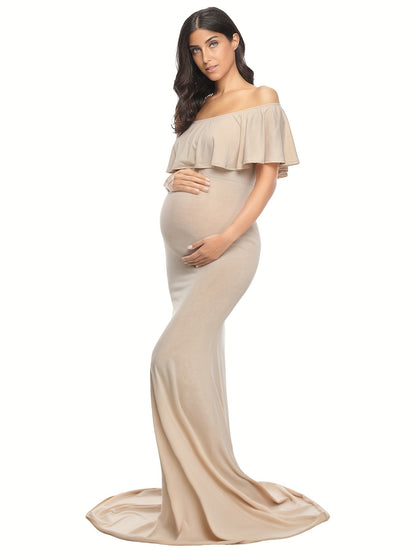 Womens Off Shoulder Maternity Dress Ruffles Elegant Slim Gowns Fit Maxi Photography Dress