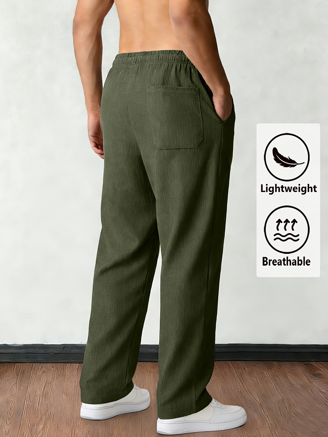 Men'S Solid Corduroy Straight Pants, Retro Pocket And Drawstring Waist, Breathable All-Season Trousers, Casual Daily And Workwear, Machine Washable, Comfortable Straight Fit Pants for Daily Activities