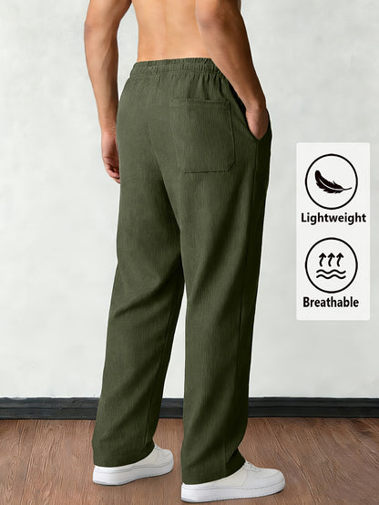 Men'S Solid Corduroy Straight Pants, Retro Pocket And Drawstring Waist, Breathable All-Season Trousers, Casual Daily And Workwear, Machine Washable, Comfortable Straight Fit Pants for Daily Activities