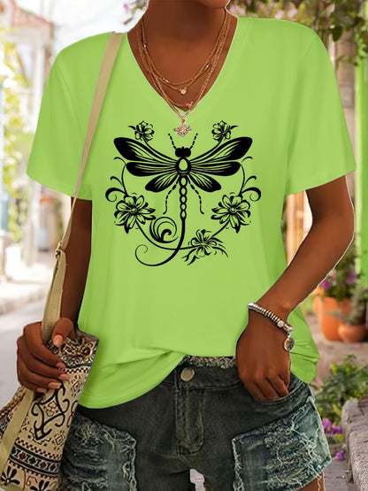 "Dragonfly" Print Pattern T-shirt, Short-sleeved V-neck Casual Top, Suitable for Summer and Spring, Women's Wear, a Great Gift for Friends and Family on Holidays