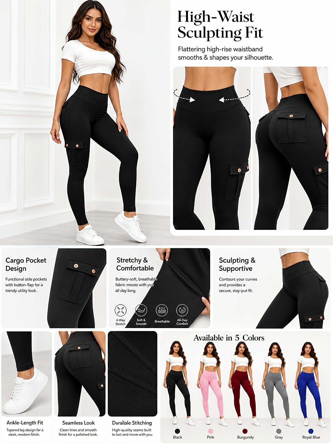 5 Pack Womens High Waist Yoga Leggings 4 Button Large Pockets Tummy Control Slim Fit 4 Way Stretch Soft Breathable Non Restrictive Sports Workout Leggings Great Value Multipack for Gym Running Training Daily Wear Fast Local Warehouse Delivery