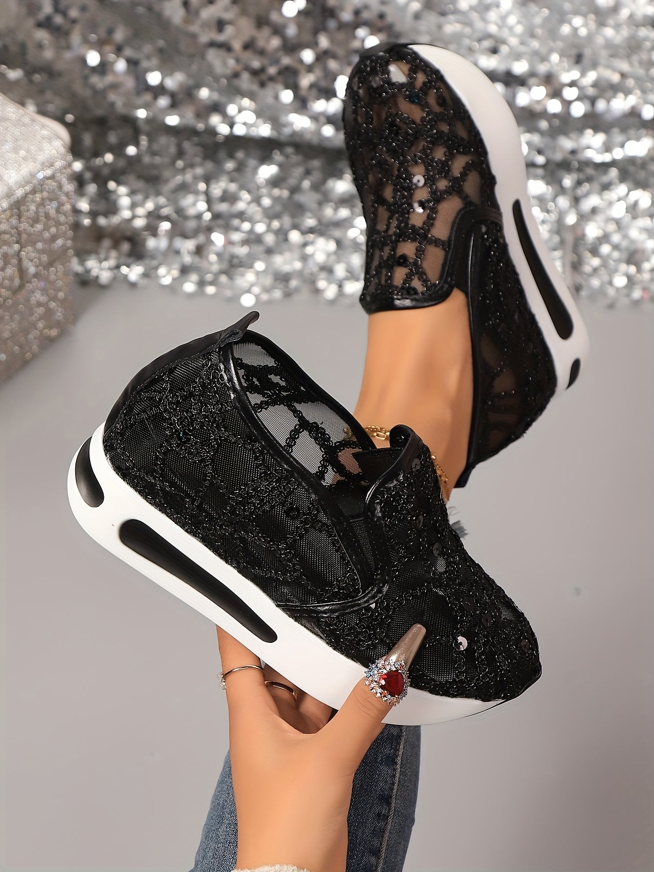 Women'S Chic Black Sequin Mesh Sneakers - Breathable, Casual Sneakers, Lightweight EVA Sole, Women Shoes
