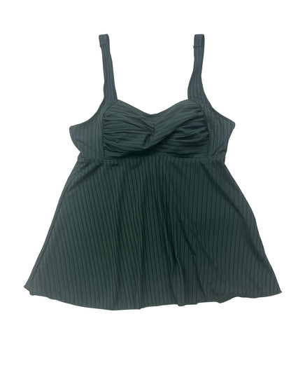 Women's Large-sized Design-inspired Tankini 2pcs Swimsuit Set, with Crossed Pleated Ruffled Skirt at the Front, Square-neck Striped Top Paired with Flat-leg Tropical Print Shorts. Ideal for Beach and Resort Holiday Parties.