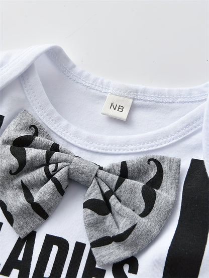 Kukitty Newborn Baby Boy Clothes Long Sleeve Bow "Ladies I Have Arrived" Romper + Moustache Printed Pants + Hat Infant Boys 3pcs Outfits Set, for Outdoor