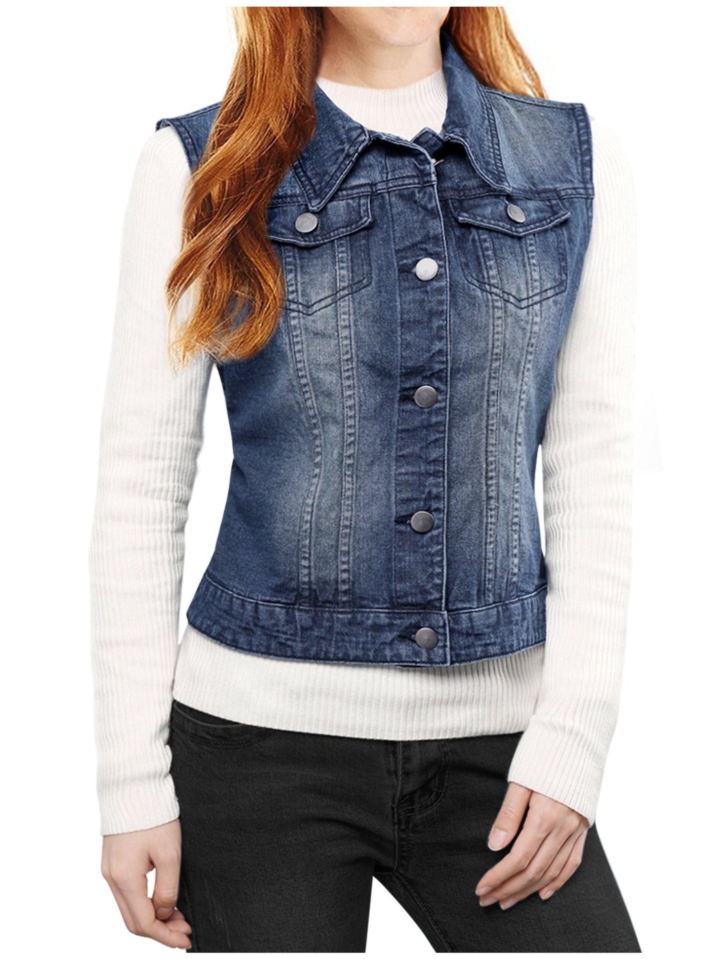 Women's Buttoned Washed Denim Vest Jacket W Chest Flap Pockets